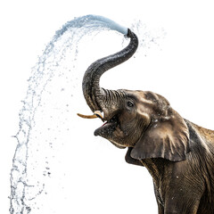 An elephant spraying water from its trunk in a playful curve, creating a refreshing splash in the air