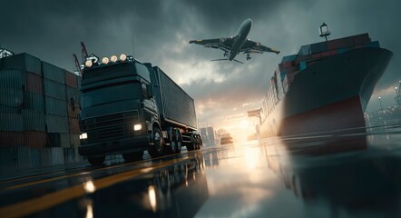 Fototapeta premium Cargo Transportation Truck Plane and Ship for Global Logistics Concept