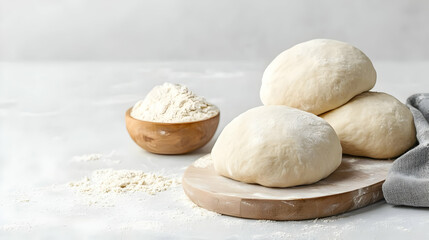 Three Balls Of White Dough On Wooden Board With Flour