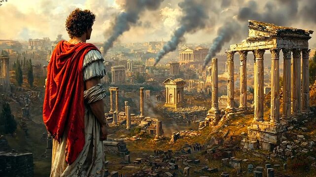 Roman soldier overlooking a smoke-filled, ruined city