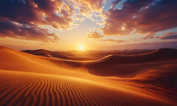Golden hour bathes the rippling dunes, sky ablaze with sunset colors, casting long shadows over the sand