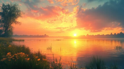 Obraz premium A serene sunset over a calm lake, with vibrant colors reflecting in the water and lush greenery lining the shore.