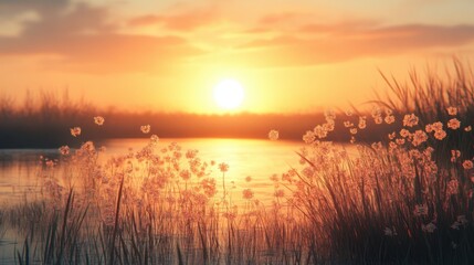 Obraz premium A serene sunset over a tranquil water body, with delicate flowers and tall grasses framing the scene, creating a peaceful natural atmosphere.