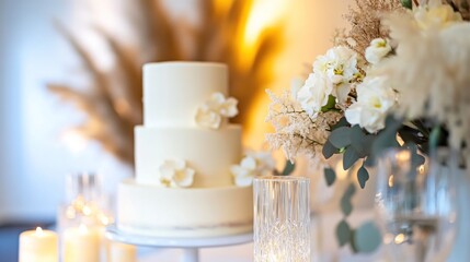 A beautiful layered cake and floral arrangements for celebration