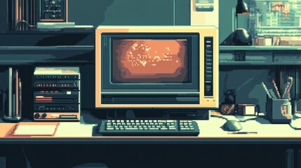 A 1980s computer desk setup, CRT monitor displaying pixelated graphics, vintage keyboard, --ar 16:9 --v 6.1 Job ID: 2a70238f-855e-41e9-a6b3-29d6e3c3d29f