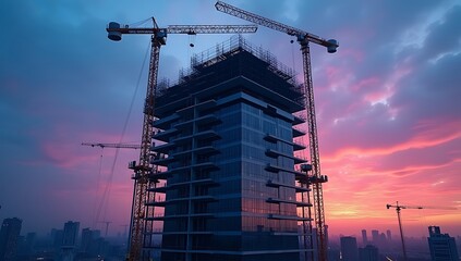 High-rise building under construction with silhouetted scaffolding and workers at twilight. Cranes intersect the glowing purple-blue sky.
