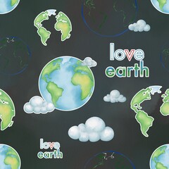 Love earth theme seamless pattern on shade of black background. Watercolor earth or globe with line art. Earth day illustration on pattern for paper, fabric and background. 