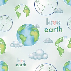 Love earth theme seamless pattern isolated on green blue gradation transparent background. Watercolor earth or globe with line art. Earth day illustration on pattern for paper, fabric and background.
