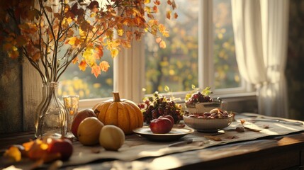A cozy autumn scene featuring a wooden table adorned with fruits, a pumpkin, and a vase of colorful leaves by a sunlit window.