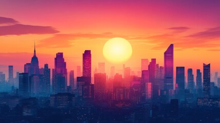 Fototapeta premium Vibrant sunset over a modern city skyline. (1)