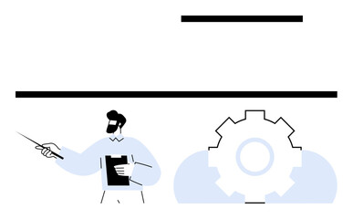 Male figure pointing at diagram with gear symbol, representing strategy, planning, and workflow. Ideal for business, education, teamwork, innovation training management and leadership. Flat simple