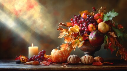 A warm autumnal arrangement of fruits, pumpkins, and leaves beside a candle, bathed in soft light, creating a cozy and inviting atmosphere.