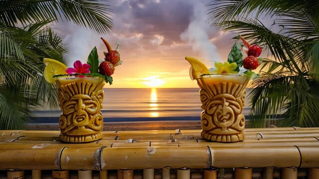 Tropical cocktails in tiki mugs at sunset on a beach, offering a relaxing vacation vibe for summer celebrations and outdoor events.