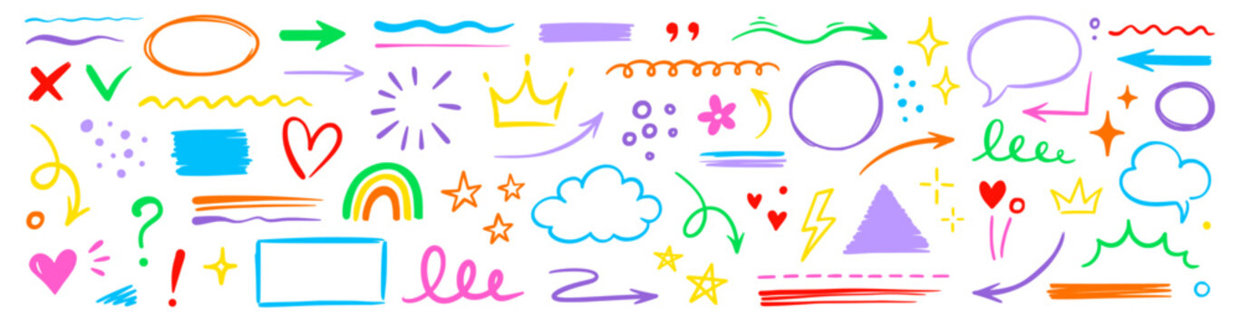 Line hand drawn brush marker underline, highlight, star element color kid set. Hand drawn sketch marker underline shape, arrow, star scribble brush pen stroke highlight element. Vector illustration
