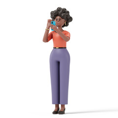 woman taking selfie, symbolizing self-promotion and digital connectivity. 3D rendering, conceptual image. Isolated on white background.