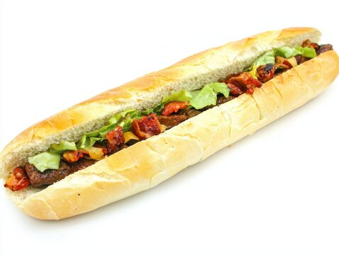 Delicious footlong sandwich filled with seasoned beef lettuce and peppers in a bright white background setting
