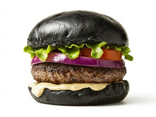 Delicious charcoal burger with fresh toppings against a clean background in high angle view food photography