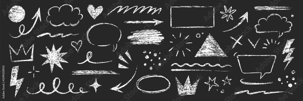 Poster arrow line chalk brush hand drawn sketch element set. grunge square, heart, arrow element scribble l