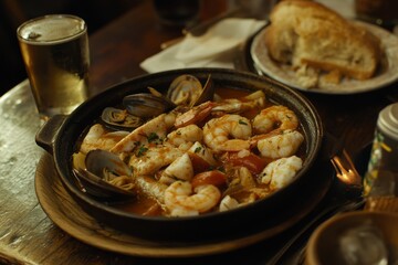 Provencal fish stew in black cast iron skillet filled with shrimp, clams, cooked in tomato-based sauce. Concept of Provencal fish stew featuring Bouillabaisse, seafood, garnished herbs.