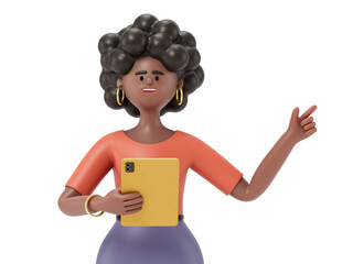 woman holding tablet, pointing upwards, symbolizing idea sharing or digital collaboration. 3D rendering, conceptual image. Isolated on white background.