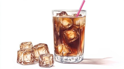 A refreshing glass of cola with ice cubes and a pink straw, perfect for quenching thirst on a warm day.