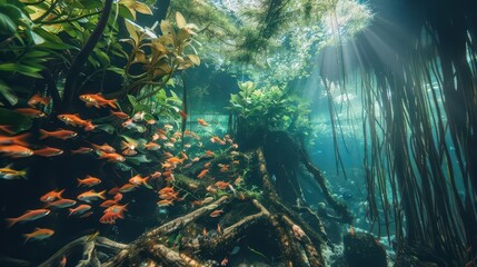 An underwater scene with vibrant fish, lush plants, and sun rays illuminating the water.