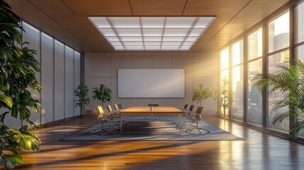 A modern conference room with large windows, natural light, a wooden table, and plants, creating an inviting and professional atmosphere.