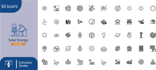 Solar Energy Thin Line Icons - Editable Stroke - Icons Include Renewable Energy, Electricity, House With Solar Panels, Business With Solar Panels, Solar Panels, Solar Power
