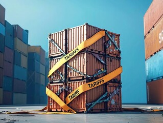 Planet made of stacked shipping containers wrapped in yellow "TARIFFS" tape, symbolizing global trade restrictions and economic pressure, isolated against a blue background in 3D concept render
