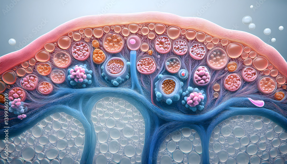 Poster Abstract microscopic view with colorful cellular structures and bubbles