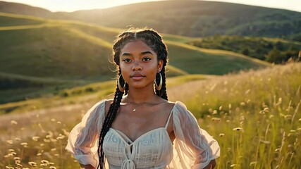 Portrait of serene young woman in flowy dress amidst rolling hills, captured in golden sunlight, with braided hair and hoop earrings