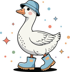 Cute Cartoon Goose in Boots and Hat with Stars