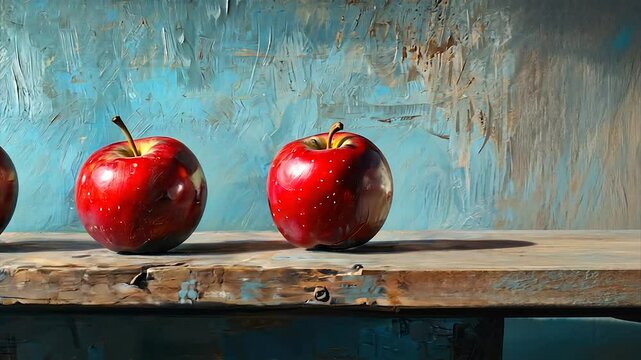 Three red apples on rustic wooden surface against textured blue background