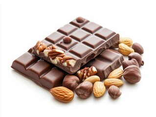 Delicious dark chocolate bars with almonds hazelnuts and walnuts on a white background for dessert