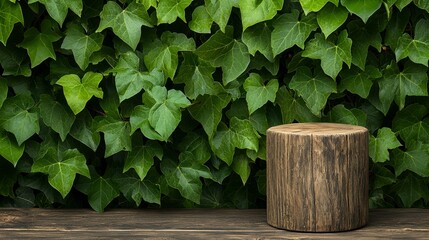 Naklejka premium Rustic Wooden Stump Display Against Lush Green Ivy Wall