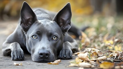 Attentive Grey Dog Lying Down in Autumn Leaves