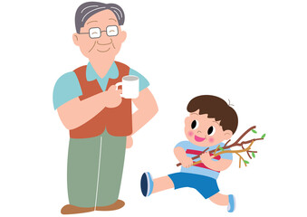 キャンプでコーヒーカップを持つお父さんと男の子
