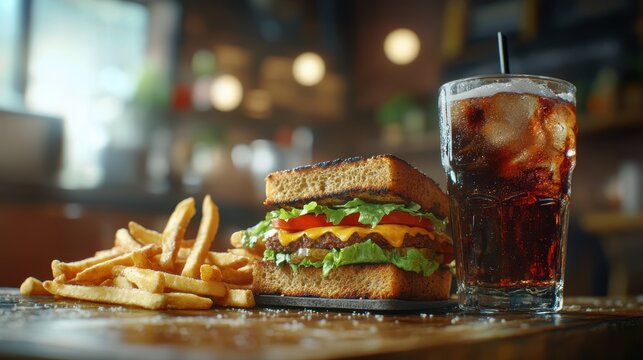 Delicious sandwich paired with golden fries and refreshing soda on a rustic wood table casual dining tasty food - Powered by Adobe