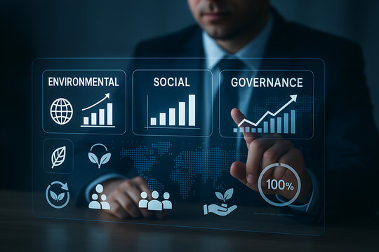 businessman using digital holographic interface showing esg performance with environmental social and governance analytics charts for corporate responsibility and sustainable growth strategy