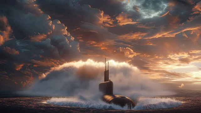 A ballistic missile launches vertically from a submerged submarine in the open ocean, creating a dramatic splash and trail of smoke against a cloudy sky