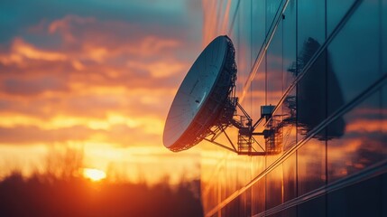 A satellite dish mounted on a glass building reflects a vibrant sunset, showcasing technology against a dramatic sky.