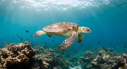 Green Sea Turtle exploring the vibrant underwater world, swimming peacefully near intricate coral formations in the clear blue sea.