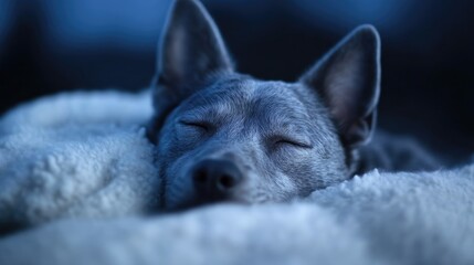 Sleepy dog resting peacefully on a soft blanket at night
