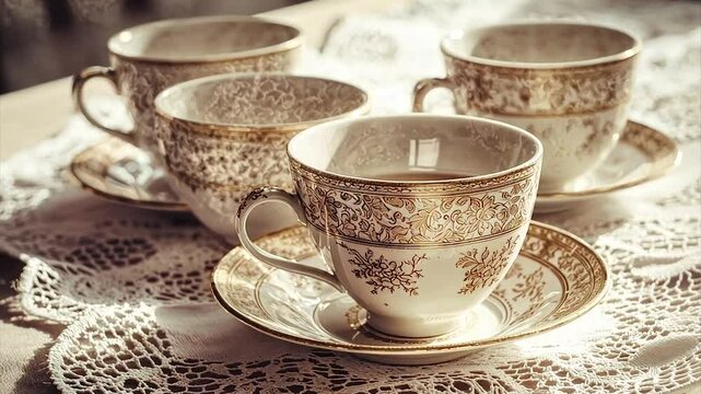 Four ornate teacups and saucers on lace