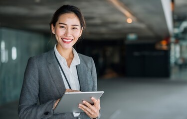 Smiling Businesswoman Holding Tablet in Modern Office Setting for Corporate Use