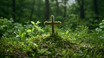 Obraz premium Green Cross Embedded In Mossy Forest Floor