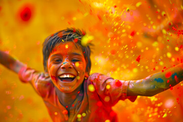 Amidst the vibrant colors of a Holi celebration, an Indian boy dances with exuberance, his laughter echoing the joy and camaraderie of the festival as he revels in the spirit of togetherness