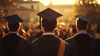 Graduates in caps and gowns walk towards the sunset at their commencement ceremony. A powerful image of hope and opportunity.