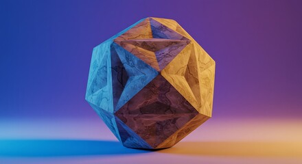 Fototapeta premium Geometric Stone Sculpture with Blue and Yellow Lighting on Gradient Background