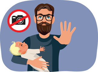 Father Saying Stop to Taking Photos of his Baby Vector Illustration. Parent protecting the digital footprint of his newborn child 
